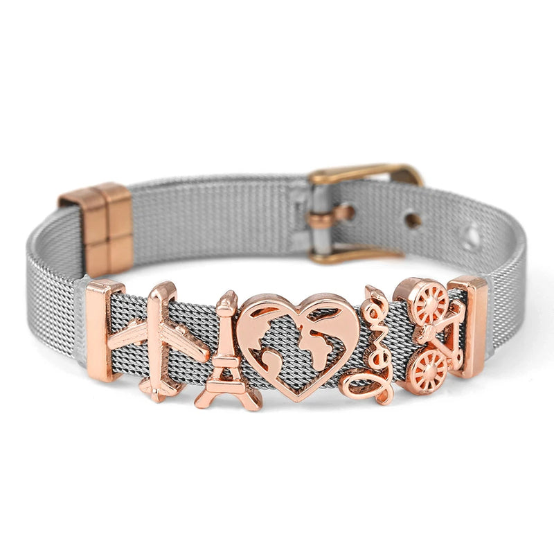 Heart Map Charm Beaded Bracelet Stainless Steel Strap Bangle