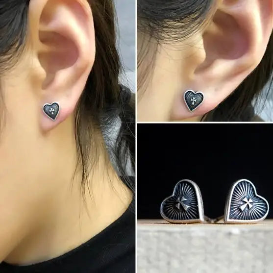 925 Sterling Silver Cross Heart Stud Earrings - Antique Jewelry