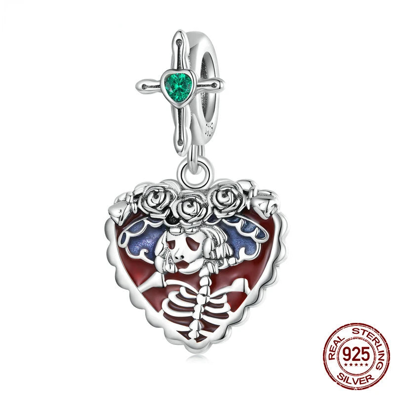 925 Silver Skull Lady Bead Rose Cross Pendant Halloween Gift BSC711