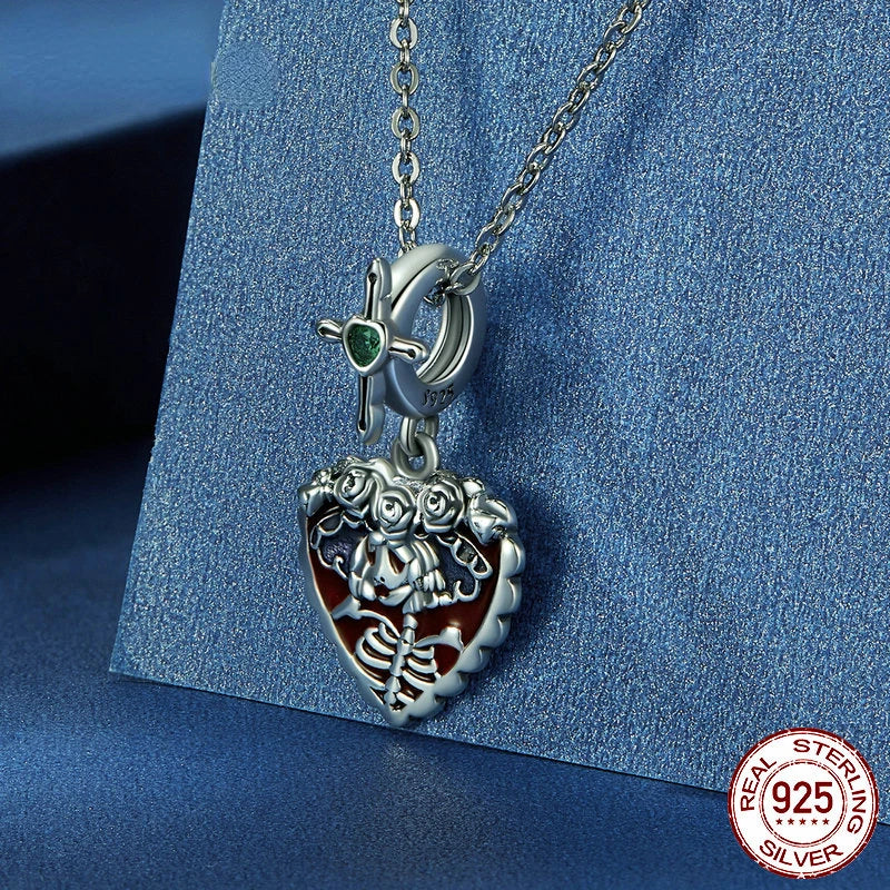 925 Silver Skull Lady Bead Rose Cross Pendant Halloween Gift BSC711