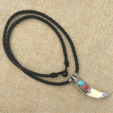 Ethnic Style Wolf Tooth Pendant Leather Rope Necklace Men