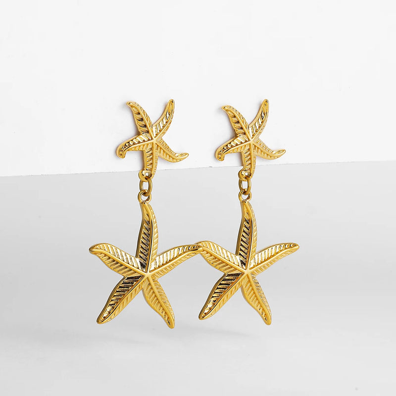 Stainless Steel Double Drop Starfish Earrings 18K PVD Plated