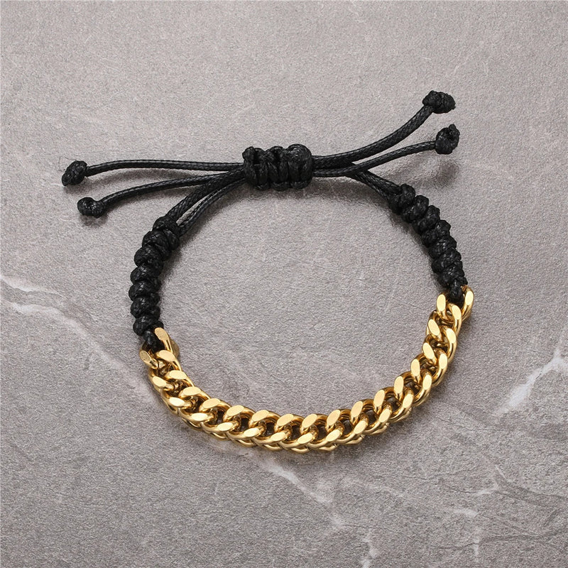 Adjustable Splicing Braided Leather Rope Chain Cuban Link Bracelet