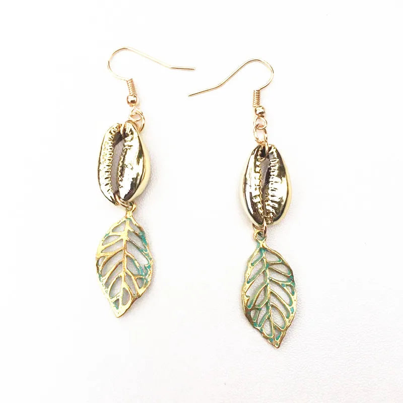 Leaf Cowrie Shell Drop Earrings Golden Boho Jewelry Oorbellen Kolczyki