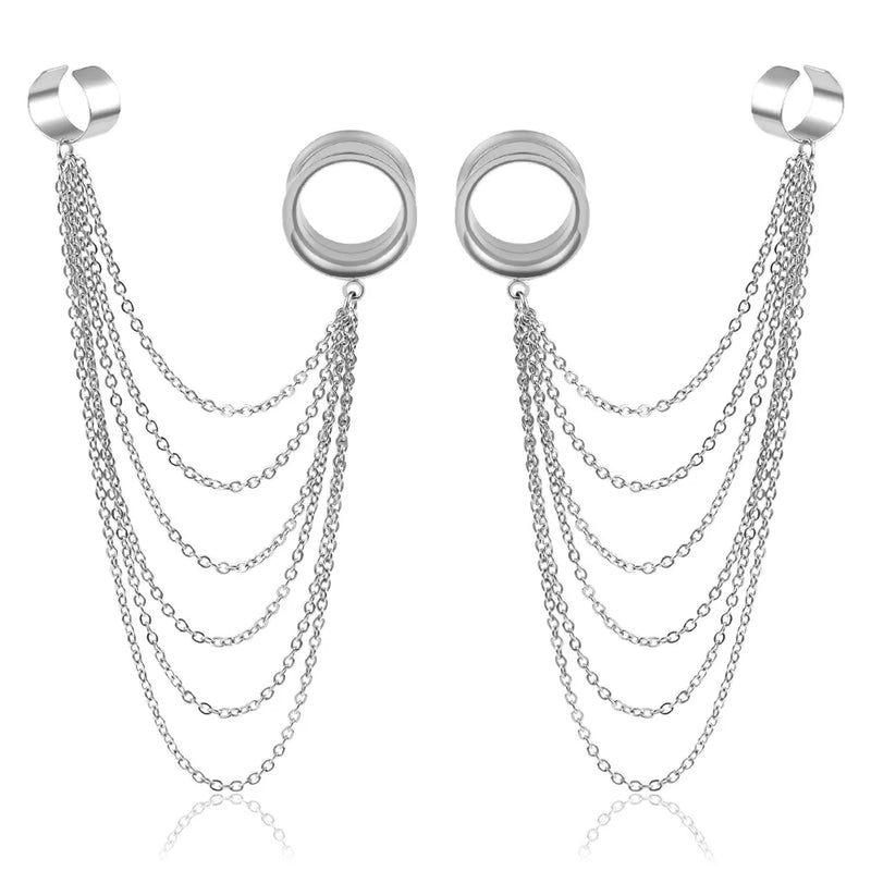 Doearko 2PCS Ear Gauges Tunnels Chain Stud Ear Clip for Women Men