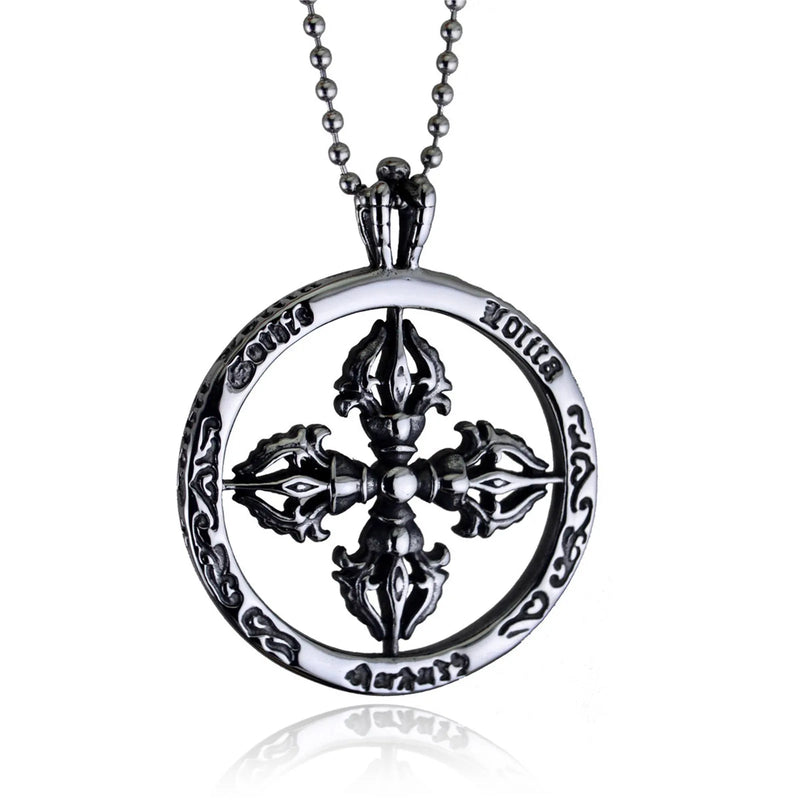 Vajra Wheel Round Cross Stainless Steel Pendant Necklace