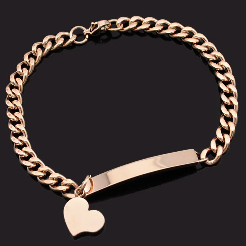 Hearts Bracelets Women Link Chain Jewelry Stainless Steel ID Bangle