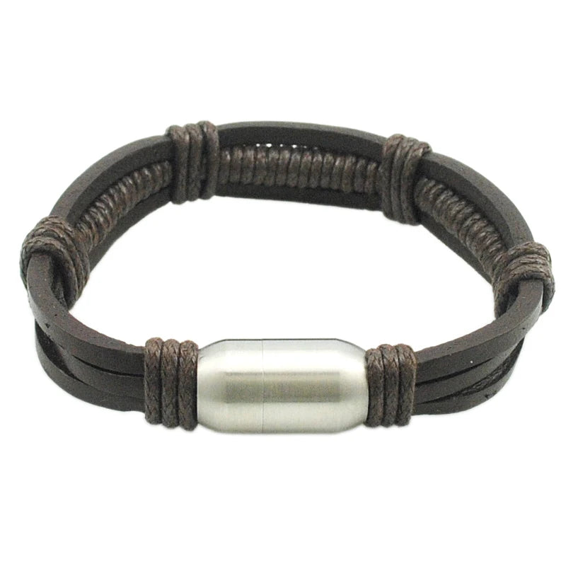 Brown Leather Rope Bracelet Men Bangle Stainless Steel Wristband
