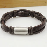 Brown Leather Rope Bracelet Men Bangle Stainless Steel Wristband