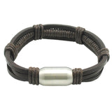 Brown Leather Rope Bracelet Men Bangle Stainless Steel Wristband