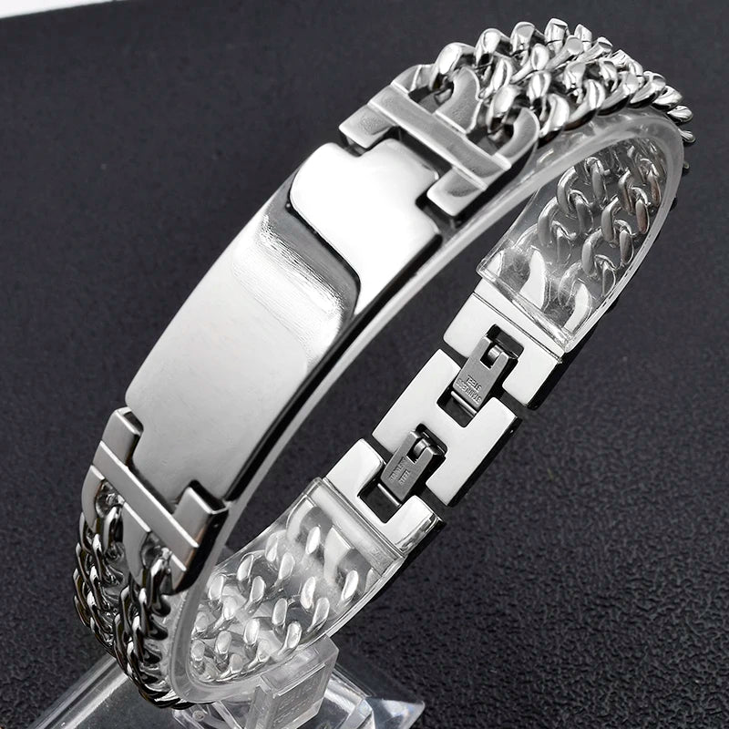 Men's Stainless Steel ID Bracelet Double Chain Retro Design