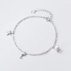 Starfish Dolphin 925 Anklet Women Silver Bracelet Pearl Jewelry