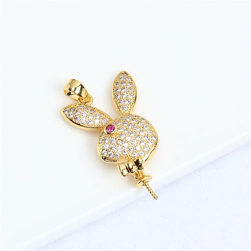 14k Rabbit Inlay Zircon Pearl Necklace Pendant DIY Accessories