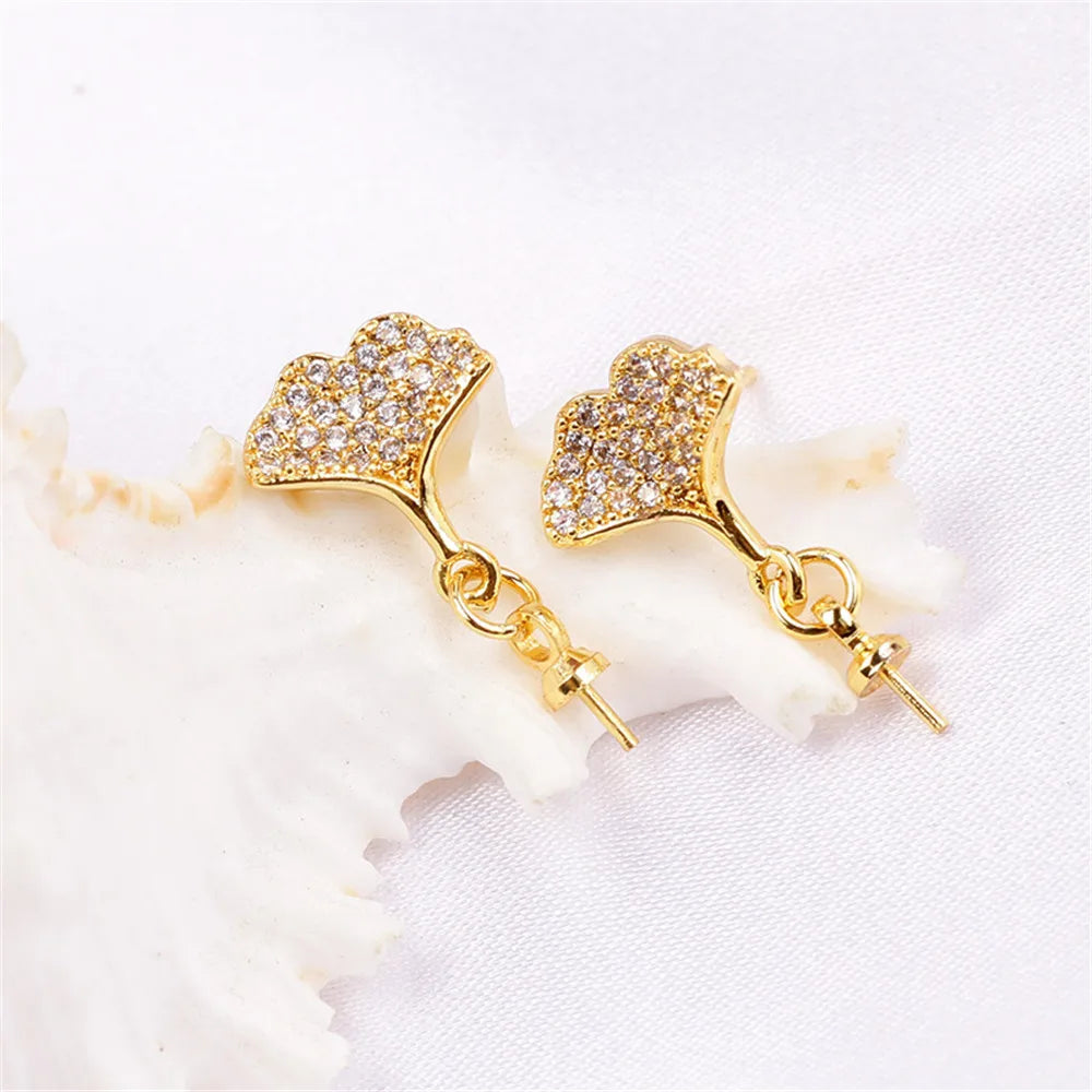 Gold Plated Ginkgo Leaf Earrings with Zircon Pearl