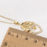 14k Plated Pearl Leaf Pendant Necklace with Zircon Inlay