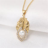 14k Plated Pearl Leaf Pendant Necklace with Zircon Inlay