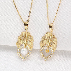 14k Plated Pearl Leaf Pendant Necklace with Zircon Inlay
