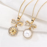 14k Plated Bow Zircon Pearl Pendant Necklace DIY Accessories
