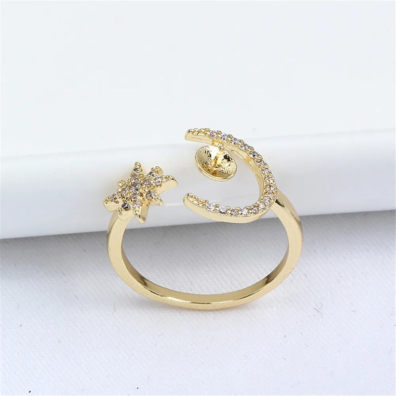 14k Star Moon Ring Zircon Pearl Bracket, Adjustable DIY Accessories