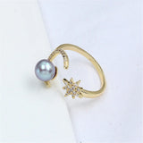 14k Star Moon Ring Zircon Pearl Bracket, Adjustable DIY Accessories