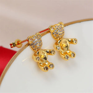 14k Little Bear Zircon Pearl Earrings S925 Silver Needle Earrings