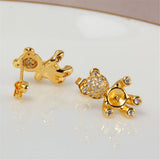 14k Little Bear Zircon Pearl Earrings S925 Silver Needle Earrings