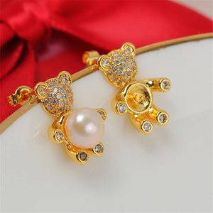 14k Little Bear Zircon Pearl Earrings S925 Silver Needle Earrings