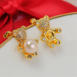 14k Little Bear Zircon Pearl Earrings S925 Silver Needle Earrings