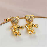 14k Little Bear Zircon Pearl Earrings S925 Silver Needle Earrings