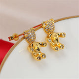 14k Little Bear Zircon Pearl Earrings S925 Silver Needle Earrings