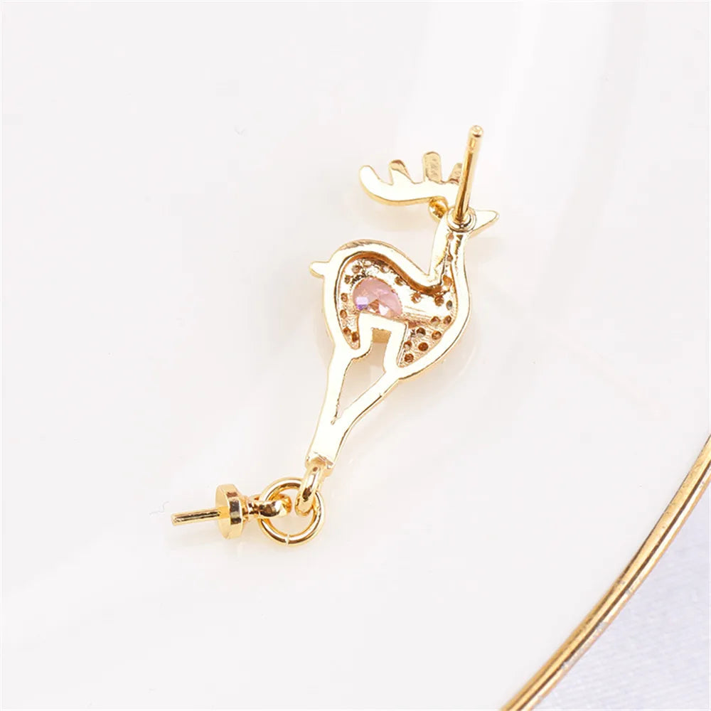 14k Plated Deer Inlaid with Pink Zircon Pearl Earrings