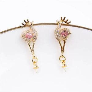 14k Plated Deer Inlaid with Pink Zircon Pearl Earrings