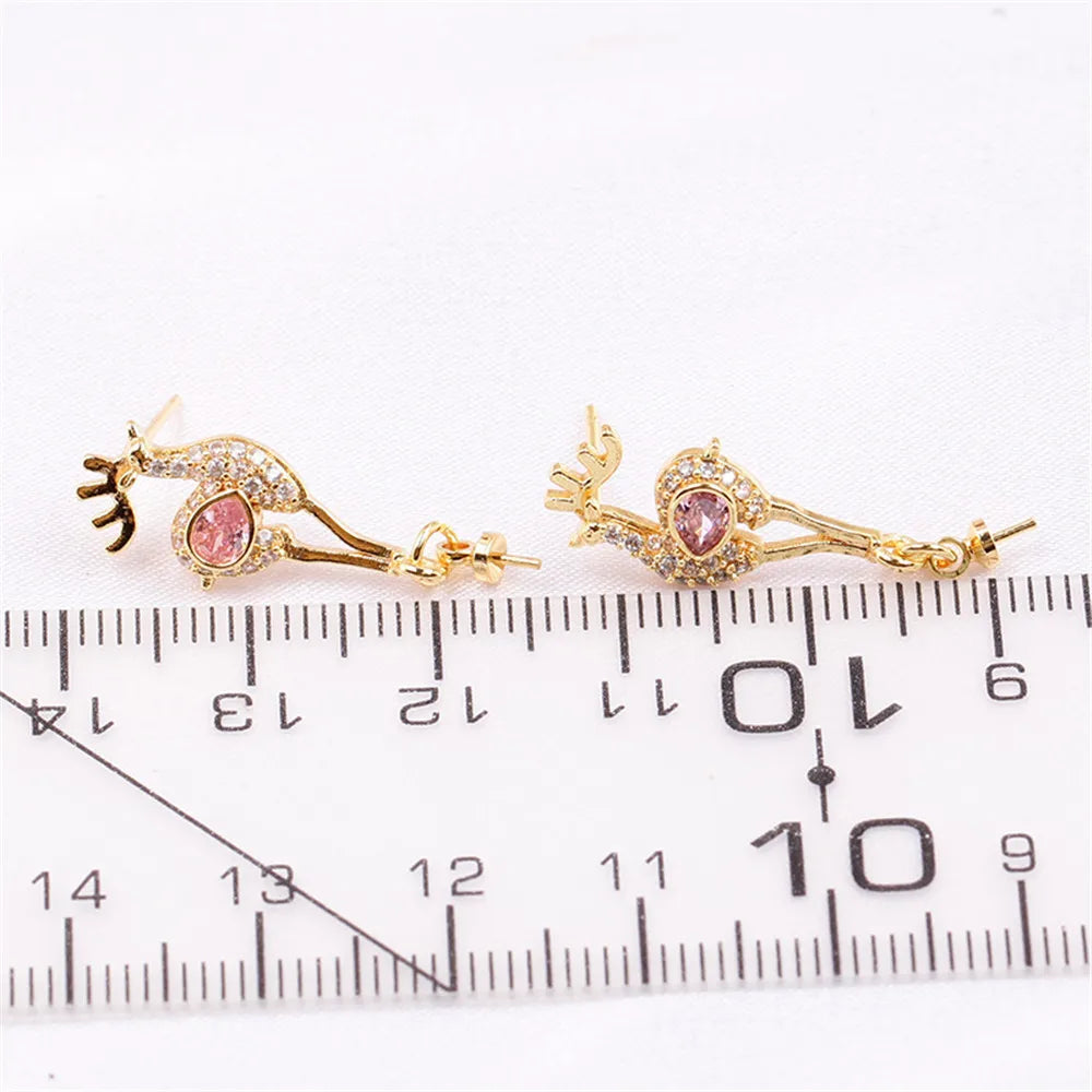 14k Plated Deer Inlaid with Pink Zircon Pearl Earrings