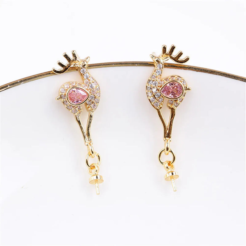 14k Plated Deer Inlaid with Pink Zircon Pearl Earrings
