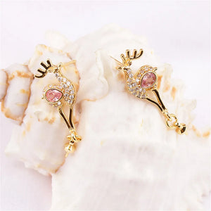 14k Plated Deer Inlaid with Pink Zircon Pearl Earrings