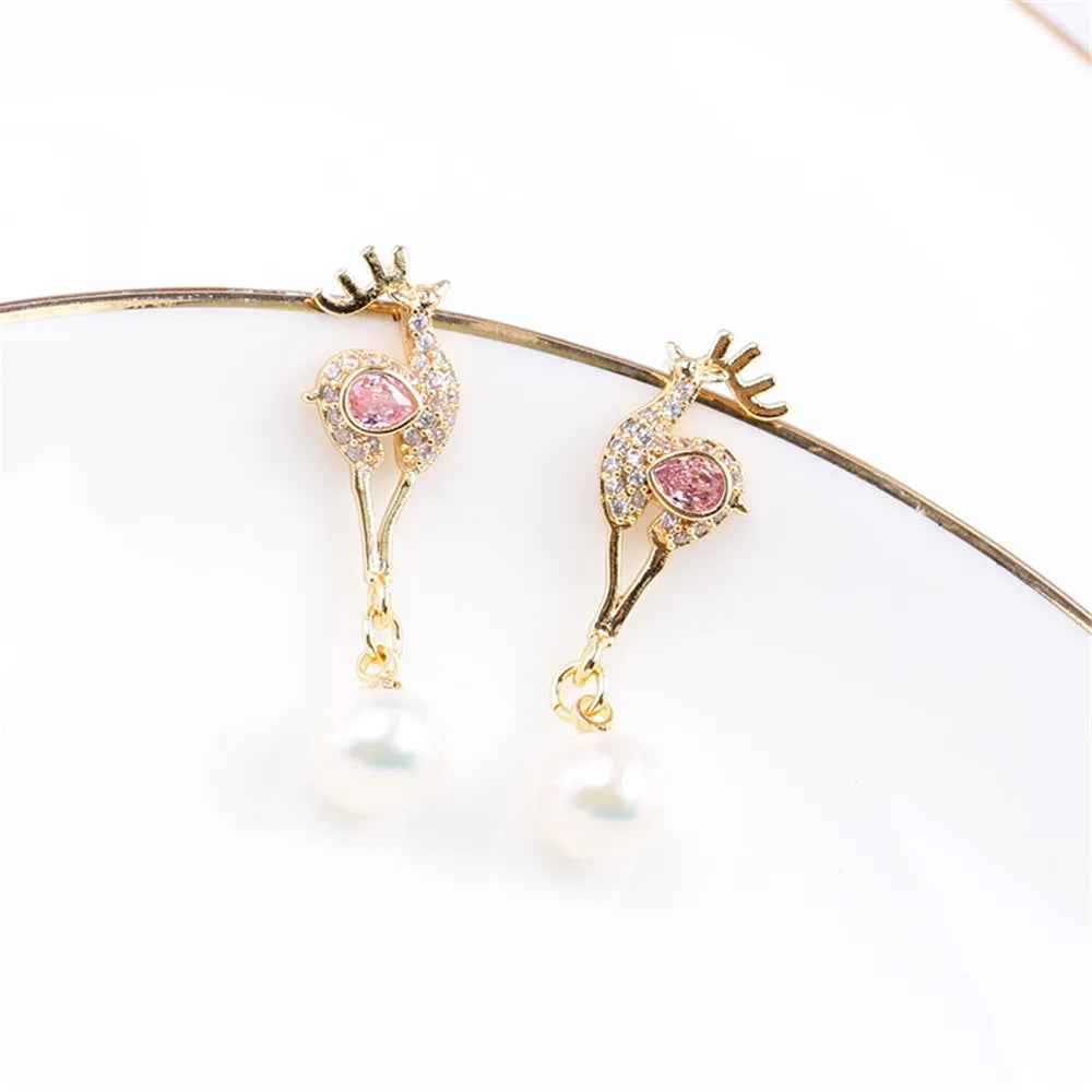 14k Plated Deer Inlaid with Pink Zircon Pearl Earrings