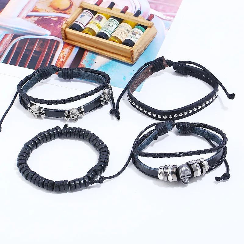 Vintage Skull Charm Leather Bracelets Set for Men