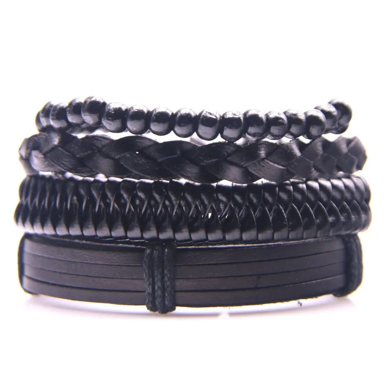 Vintage Skull Charm Leather Bracelets Set for Men