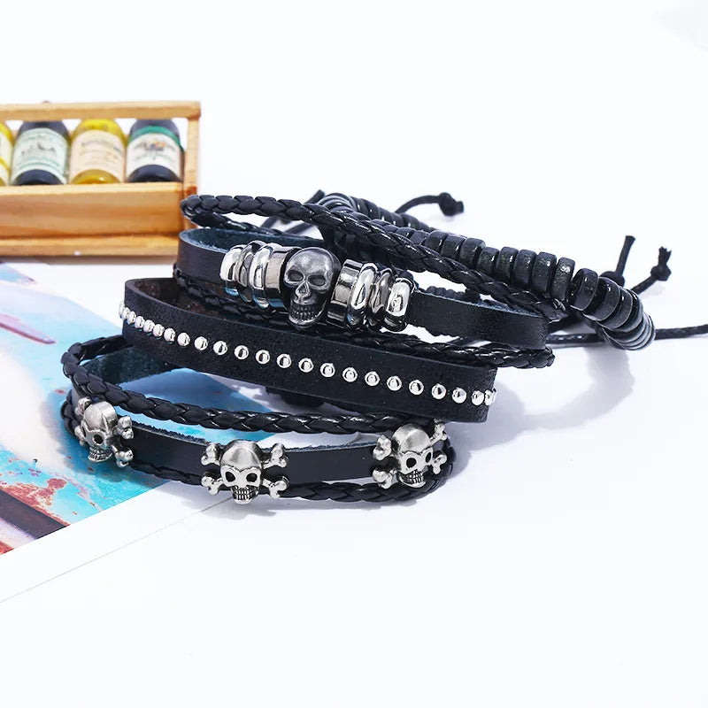 Vintage Skull Charm Leather Bracelets Set for Men