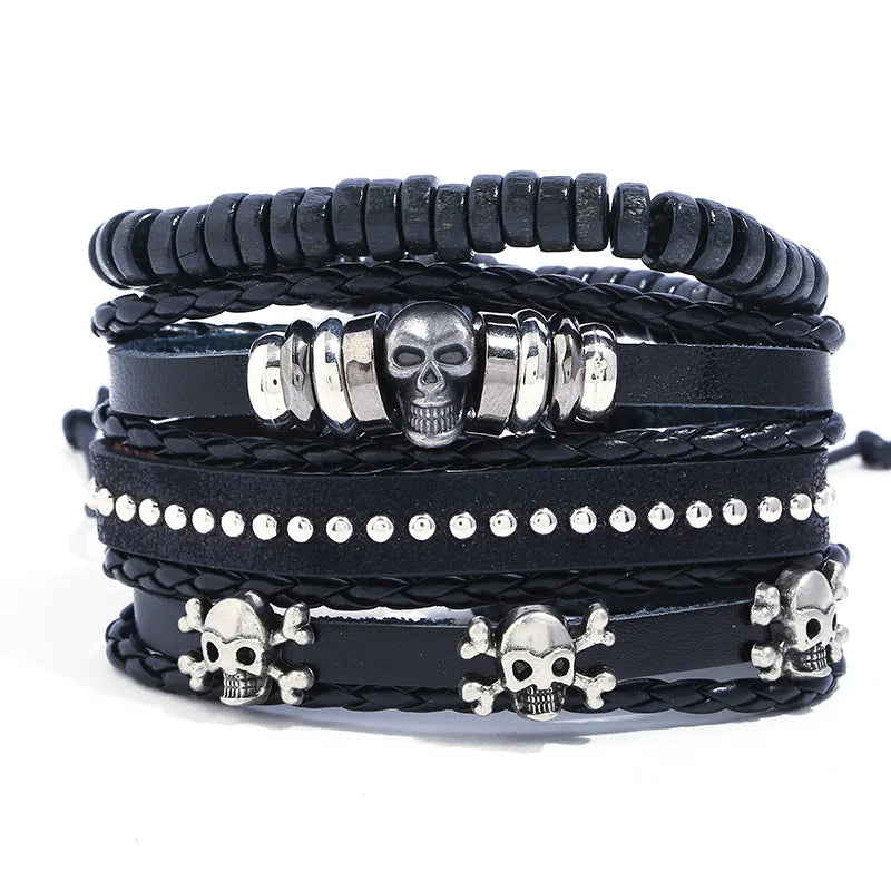 Vintage Skull Charm Leather Bracelets Set for Men