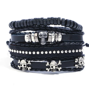 Vintage Skull Charm Leather Bracelets Set for Men