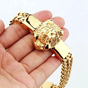 Alloy Lion Head Bracelet Stainless Steel Franco Chain Biker Men