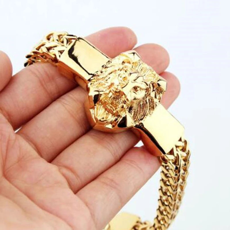 Alloy Lion Head Bracelet Stainless Steel Franco Chain Biker Men