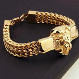 Alloy Lion Head Bracelet Stainless Steel Franco Chain Biker Men