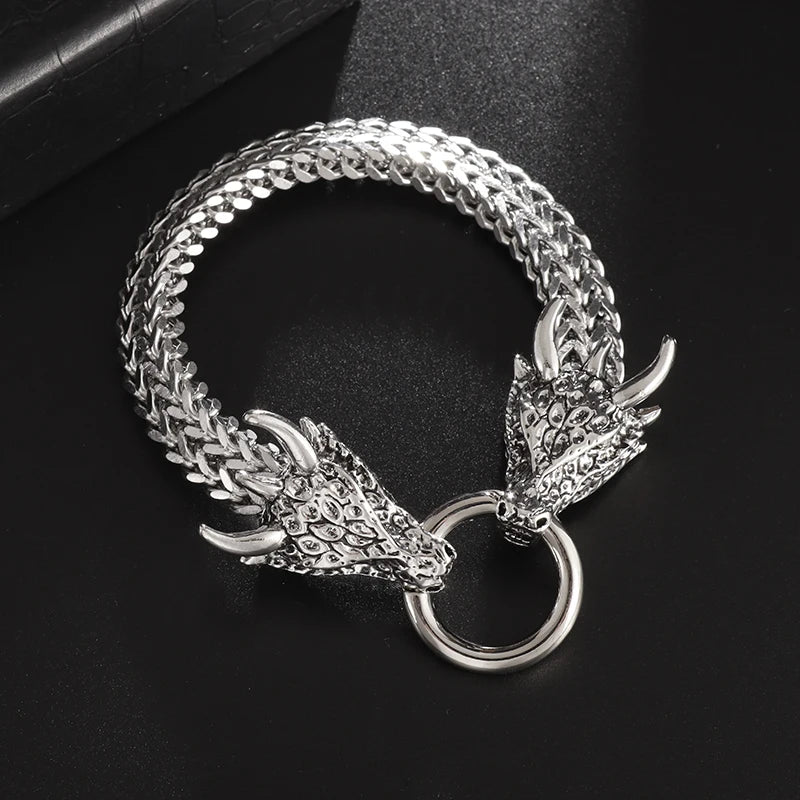 Double Dragon Head Stainless Steel Bracelet Men's Jewelry