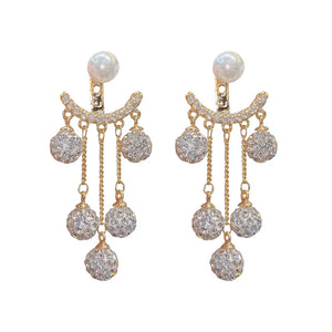 Dongdaemun Pearl Rhinestone Tassel Earrings S925 Silver Needle