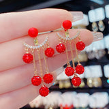 Dongdaemun Pearl Rhinestone Tassel Earrings S925 Silver Needle