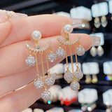 Dongdaemun Pearl Rhinestone Tassel Earrings S925 Silver Needle