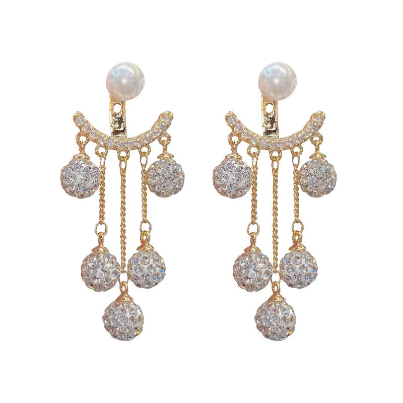 Dongdaemun Pearl Rhinestone Tassel Earrings S925 Silver Needle
