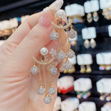 Dongdaemun Pearl Rhinestone Tassel Earrings S925 Silver Needle